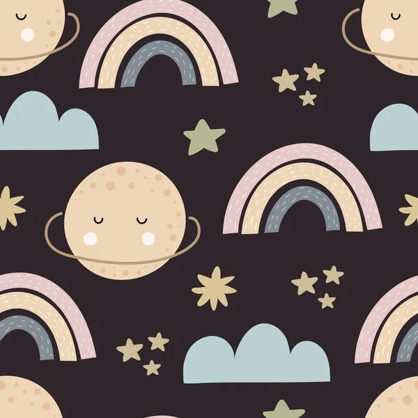 seamless pattern with cartoon planets, rainbow, cloud, stars, decor elements. Colorful vector flat style for kids. Space. hand drawing. baby design for fabric, print, wrapper, textile