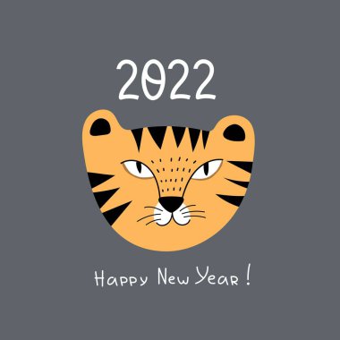 Mutlu yıllar. Çizgi film kaplanı, el çizimi harfleri. Tatil teması. Renkli vektör çizimi, düz stil. Tebrik kartları, yazdırma, poster tasarımı