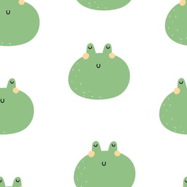 Çizgi film kurbağasıyla kusursuz desen. Çocuklar için renkli bir vektör, düz stil. Kumaş, tekstil, baskı ve ambalaj için bebek tasarımı.