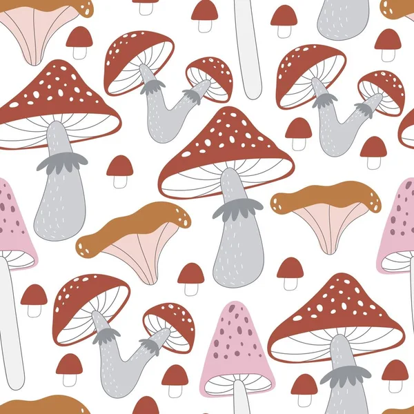 Modello Senza Cuciture Con Funghi Vettore Colorato Piatto Bambini Disegno — Vettoriale Stock