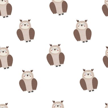 Çizgi film baykuşlarında kusursuz desen. Çocuklar için düz stil renkli vektör çizimi. El çizimi. bebek tasarımı kumaş, tekstil, baskı, ambalaj.