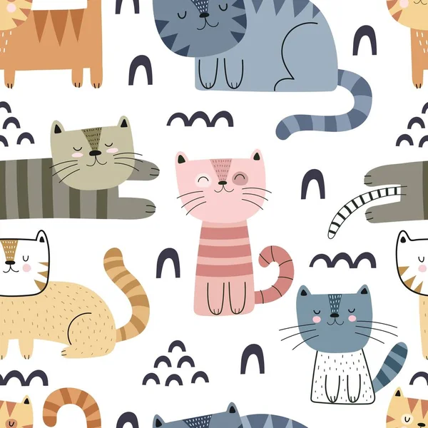 Bezešvé Vzor Kreslenými Kočkami Dekorační Prvky Barevný Vektor Pro Děti — Stockový vektor