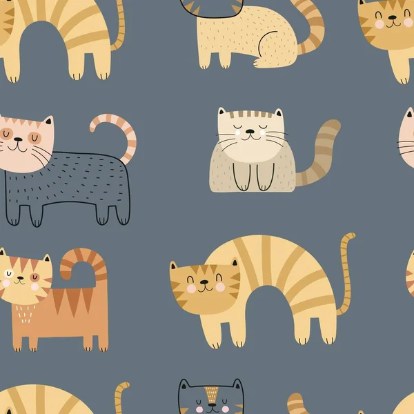 Patrón Sin Costuras Con Gatos Dibujos Animados Elementos Decoración Colorido — Vector de stock