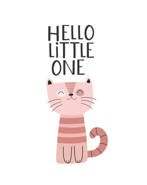 こんにちは 漫画猫手描きレタリング 子供のためのカラフルなベクトルフラットスタイルのイラスト カード プリント ポスター カバーのためのベビーデザイン — ストックベクタ