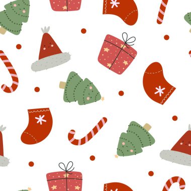 Noel ağacı, şeker kamışı, hediyeler, Noel çorabı, şapka, dekoratif elementler. Renkli vektör, düz stil. El çizimi. kumaş, baskı, ambalaj için dizayn