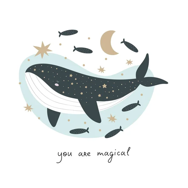 君は魔法だ 漫画クジラ 手描きの文字 装飾要素 カラフルなベクトルイラストフラットスタイル カード プリント ポスター カバーのデザイン — ストックベクタ