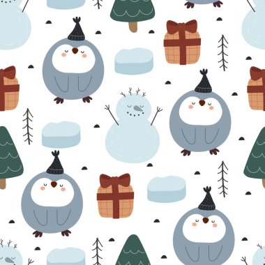Penguen, kardan adam, noel ağacı, dekoratif elementler. Renkli vektör, düz stil. El çizimi. kumaş, baskı, ambalaj için dizayn