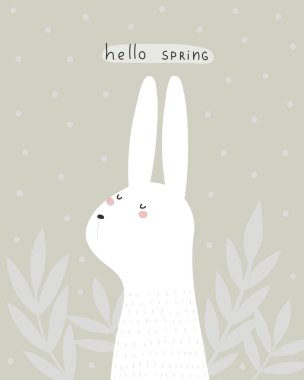 Merhaba bahar. Çizgi film tavşanı, dal, el çizimi harfleri, dekorasyon unsurları. Renkli yay vektör çizimi, düz stil. Yazdırma, tebrik kartı, poster dekorasyonu, kapak tasarımı