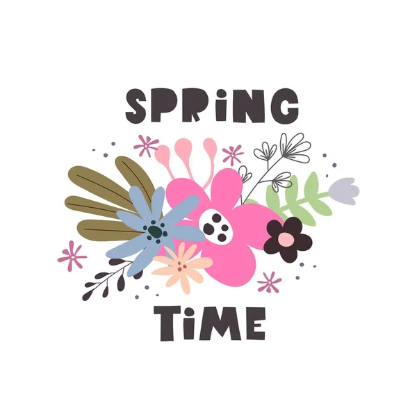 Spring Time Cartoon Flowers Hand Drawing Lettering Decoration Elements Colorful — Wektor stockowy