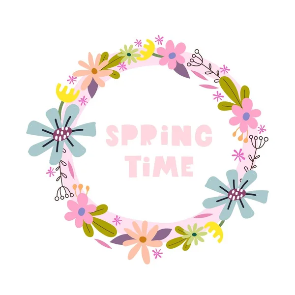 Spring Time Cartoon Floral Wreath Hand Drawing Lettering Decoration Elements — Stock Vector