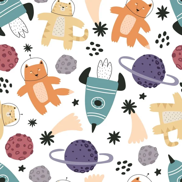 seamless pattern with cartoon animals in space, planet, spaceship, decor elements. Colorful vector for kids, flat style, hand drawing. baby design for fabric, print, nursery wallpaper, textile