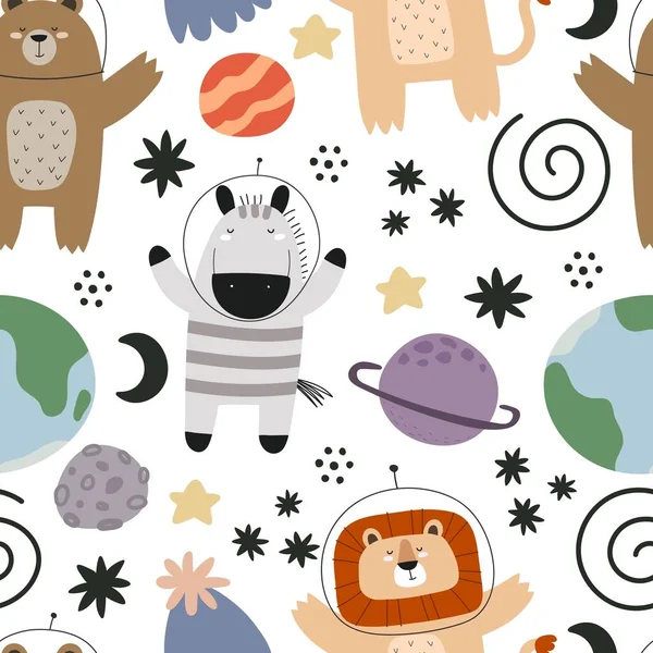 seamless pattern with cartoon animals in space, planet, moon, decor elements. Colorful vector for kids, flat style, hand drawing. baby design for fabric, print, nursery wallpaper, textile