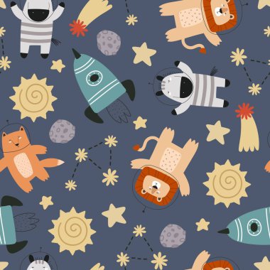Uzay, gezegen, uzay gemisi ve dekor elementlerinde çizgi film hayvanlarının kusursuz desenleri var. Çocuklar için renkli bir vektör, düz stil, el çizimi. bebek tasarımı kumaş, baskı, bebek odası duvar kağıdı, tekstil