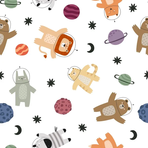 seamless pattern with cartoon animals in space, planet, decor elements. Colorful vector for kids, flat style, hand drawing. baby design for fabric, print, nursery wallpaper, textile