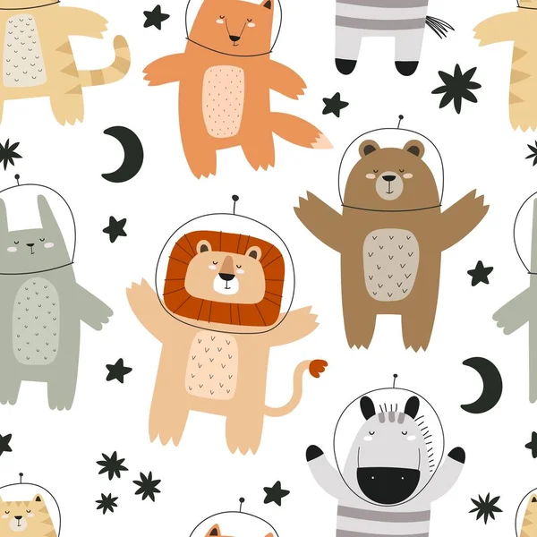 Seamless Pattern Cartoon Animals Space Stars Decor Elements Colorful Vector — Vettoriale Stock