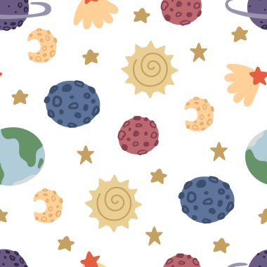 seamless pattern with cartoon planets, stars, decor elements. Colorful vector for kids. Space. hand drawing. baby design for fabric, print, wrapper, textile