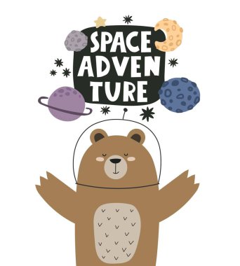 Space adventure. Cartoon bear, hand drawing lettering, decor elements. Colorful vector illustration for kids. flat style. baby design for cards, posters, t-shirt print.