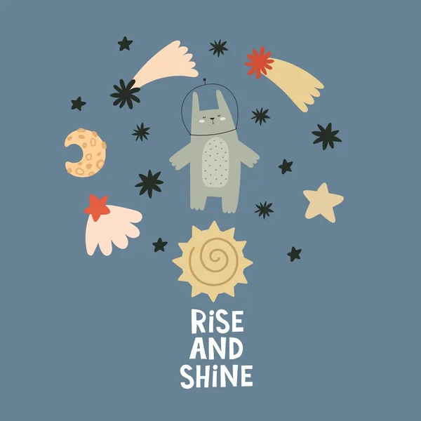 Rise Shine Cartoon Hare Hand Drawing Lettering Decor Elements Colorful — ストックベクタ