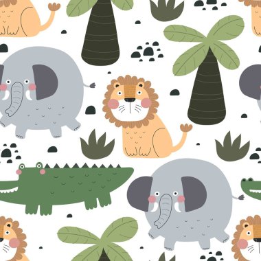 Afro hayvanlarda kusursuz desen, dekor elementleri. Çocuklar için renkli bir vektör. El çizimi, düz stil. bebek tasarımı kumaş, baskı, tekstil, ambalaj