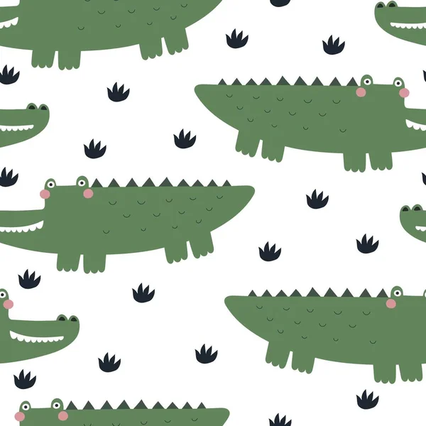 无缝隙图案与卡通鳄鱼 装饰元素 多彩的儿童病媒 扁平型 纺织品 包装用婴儿用品设计 — 图库矢量图片