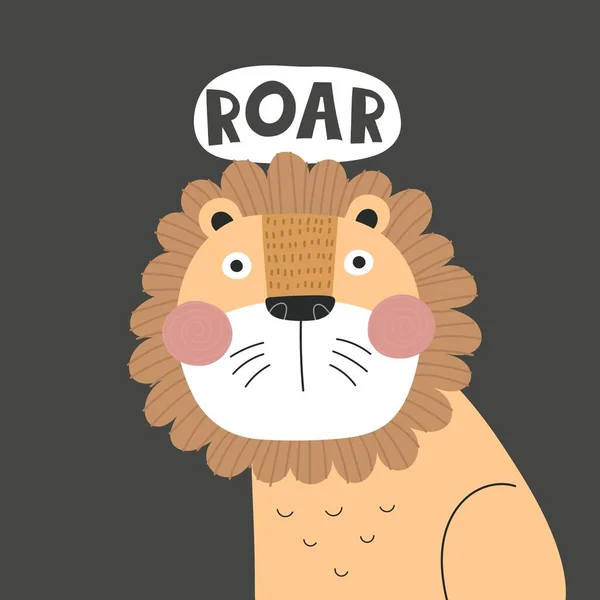 Rugir León Dibujos Animados Letras Dibujo Mano Estilo Plano Vector — Vector de stock