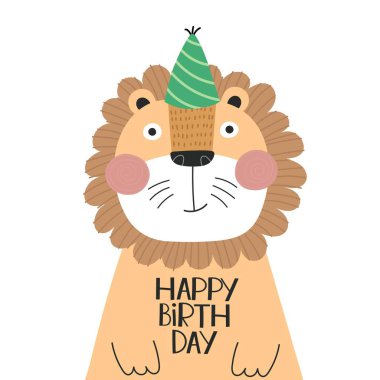 İyi ki doğdun Karikatür aslanı, el çizimi harfleri, dekoratif elementler. Çocuklar için renkli vektör çizimi, düz stil. bebek tasarımı tebrik kartları, baskı, posterler, logo, kapak