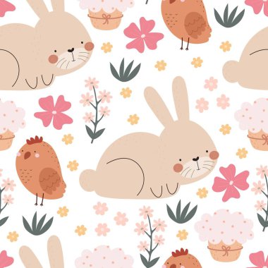 Çizgi film tavşanı, tavuk, paskalya pastası, dekor elementleriyle kusursuz desen. Paskalya bayramı için renkli bir vektör. El çizimi. Kumaş, ambalaj, baskı için tasarım