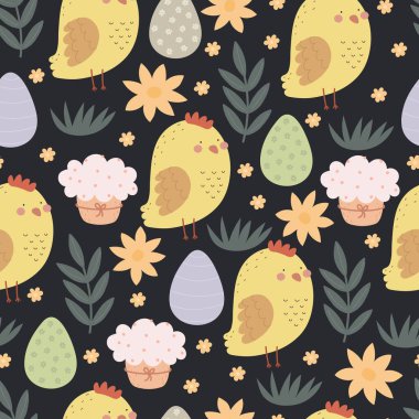 Çizgi film tavuğu, yumurta, paskalya pastası ve dekorasyon malzemeleriyle kusursuz desen. Paskalya bayramı için renkli bir vektör. El çizimi. Kumaş, ambalaj, baskı için tasarım