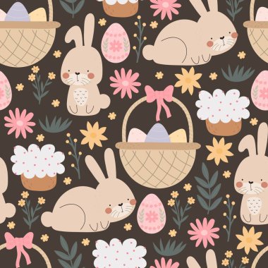 Çizgi film tavşanı, yumurta, paskalya pastası, dekor elementleri. Paskalya bayramı için renkli bir vektör. El çizimi. Kumaş, ambalaj, baskı için tasarım