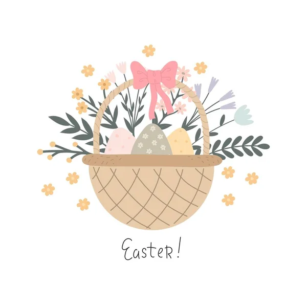 Feliz Pascua Huevos Dibujos Animados Cesta Flores Letras Dibujo Mano — Vector de stock