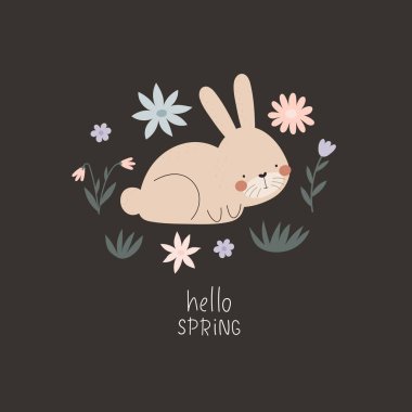 Merhaba bahar. Çizgi film tavşanı, çiçekler, el çizimleri, dekorasyon unsurları. Renkli yay vektör çizimi, düz stil. Yazdırma, tebrik kartı, poster dekorasyonu, kapak tasarımı
