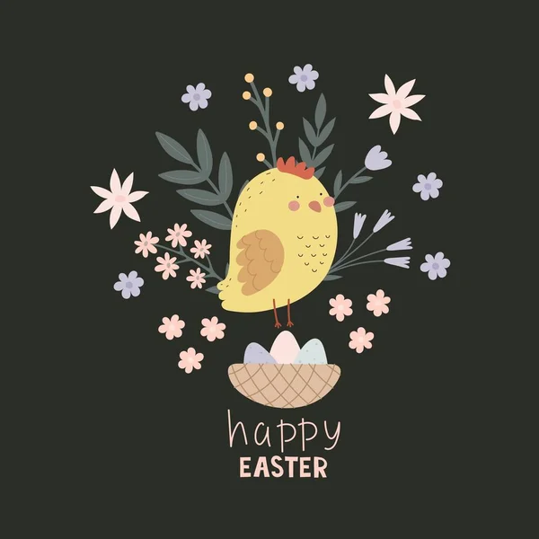 Feliz Pascua Dibujos Animados Pollo Huevos Flores Letras Dibujo Mano — Vector de stock
