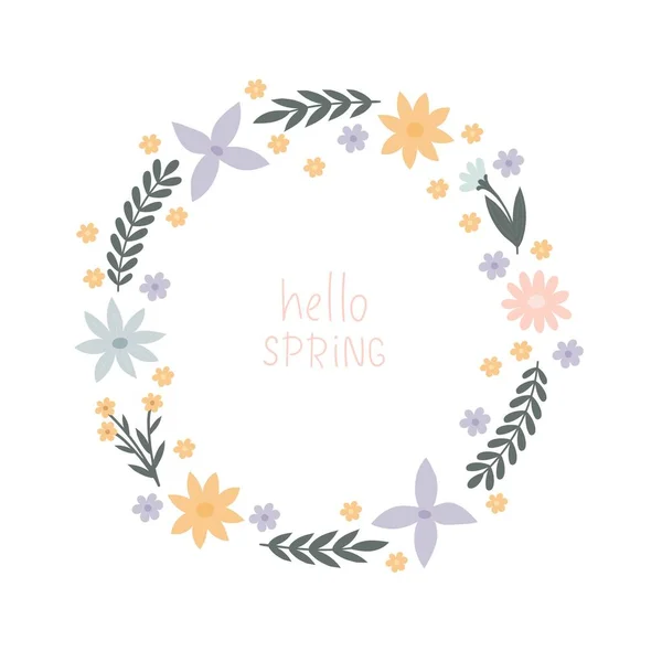 Primavera Corona Floral Dibujos Animados Letras Dibujo Mano Elementos Decoración — Vector de stock