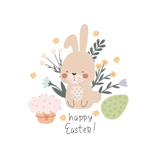 Feliz Pascua Dibujos Animados Conejito Huevos Flores Letras Dibujo Mano — Vector de stock