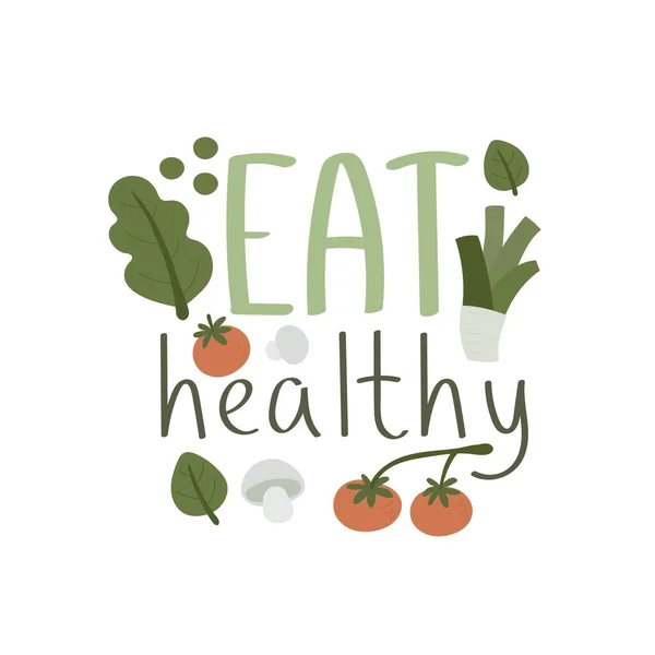Jedz Zdrowo Warzywa Kreskówek Ręcznie Rysowane Litery Kolorowy Płaski Wektor — Wektor stockowy