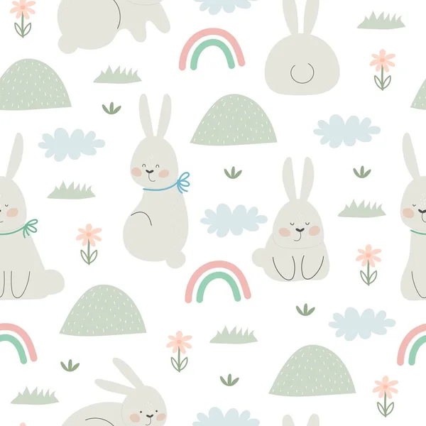 ウサギとのシームレスなパターン 子供のためのカラフルなベクトルフラット 手描き プリント ラッパー テキスタイル用のベビーデザイン ストックベクター