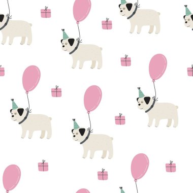 Çizgi film köpekleri, balonlar, dekor elementleriyle kusursuz desen. Gösterişli renkli vektör, düz stil. El çizimi. Doğum günün kutlu olsun. Çocuklar baskı ve ambalaj için tasarım yapar.