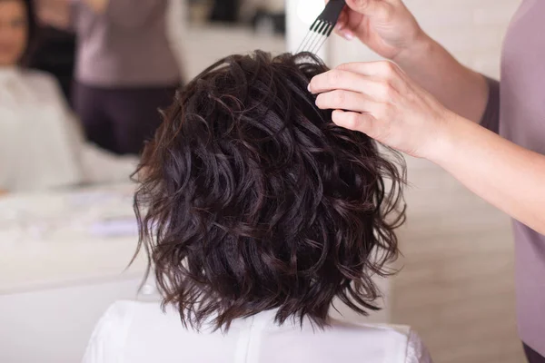 Beautiful Brunette Woman Back Short Curly Hair Style Beauty Salon — Stock Photo, Image