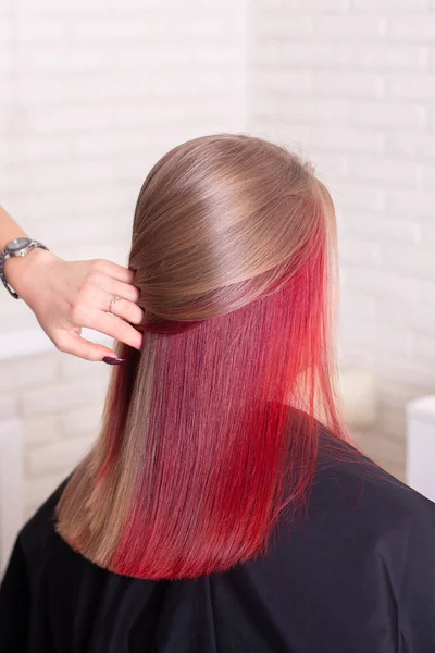 Schienale Femminile Con Capelli Castani Ciocche Rosse Creative Nel Salone — Foto Stock