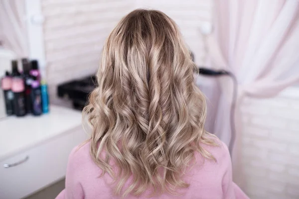 Female Back Long Curly Ombre Blonde Hair Hairdressing Salon Stock Image
