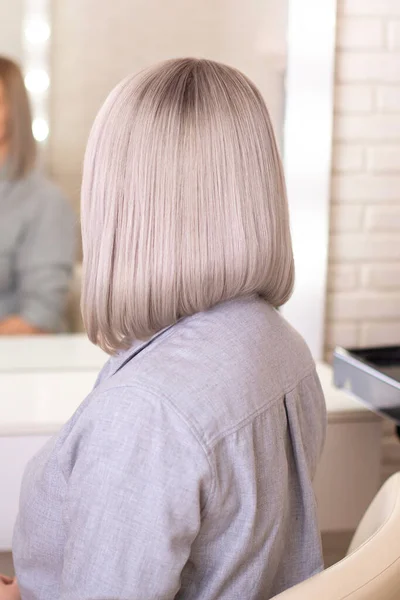 Female Back Short Straight Silver Blonde Hair Hairdressing Salon Stock Photo