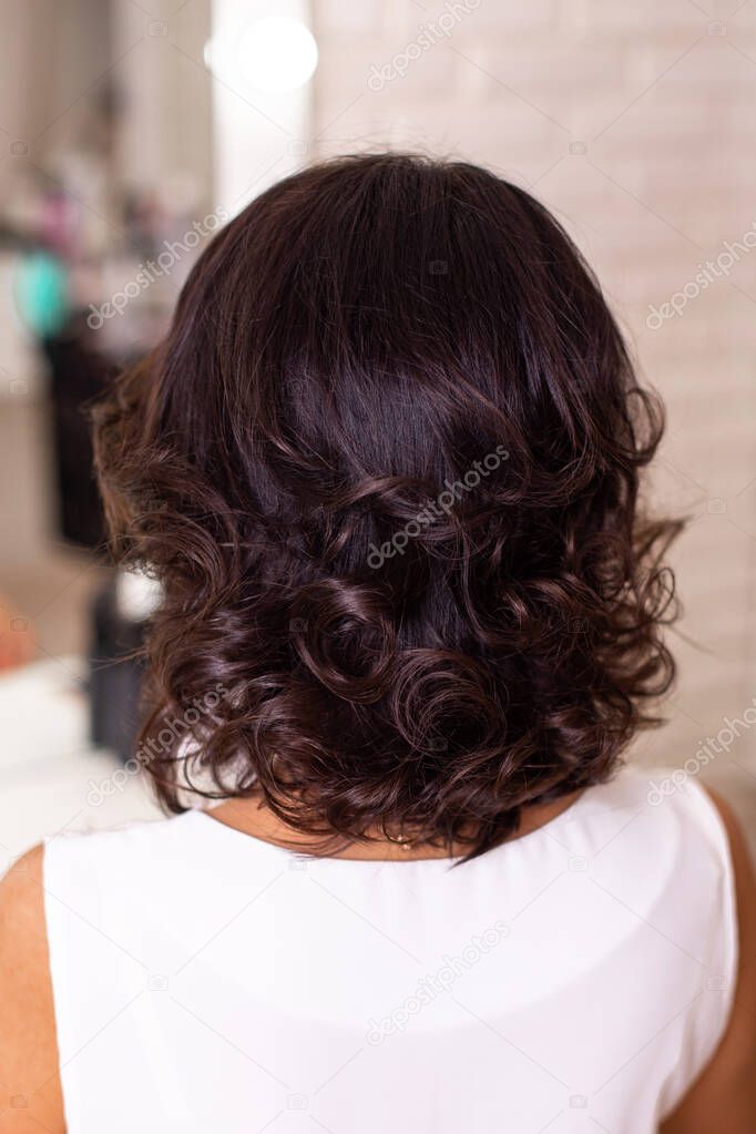Female back with short curly brunette hair in hairdressing salon