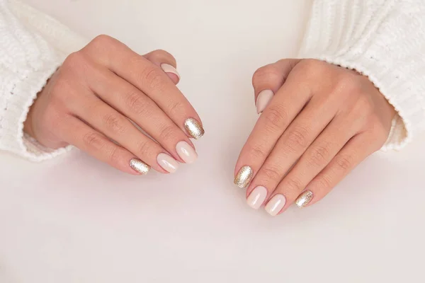 Beautiful Female Hands Beige Golden Manicure Nails White Background — 图库照片