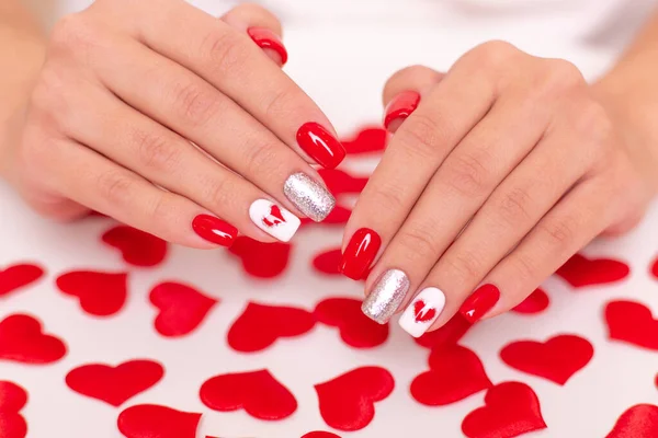 Beautiful Female Hands Romantic Manicure Nails Red Gel Polish Hearts — Stock Photo, Image