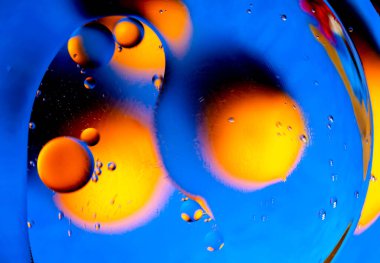 Parlak daireli soyut bir arka plan. Renkli bir görüntü, suyun üstünde yağ damlaları. Sıvı soyutlama. 