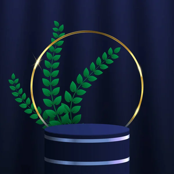 Vektorillustration Eines Zylindrischen Podiums Mit Goldenen Kreisen Und Blättern Leeres — Stockvektor