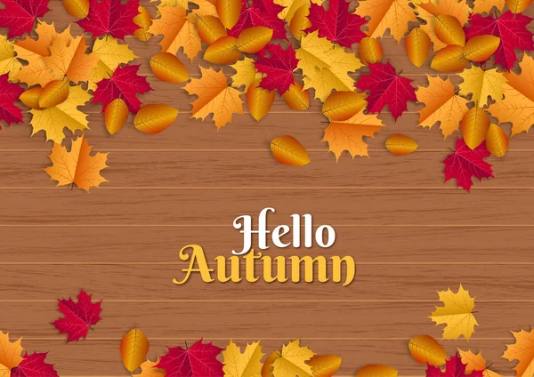 Hallo Herbst Illustration Mit Verstreuten Blättern Auf Holz Hintergrund — Stockvektor