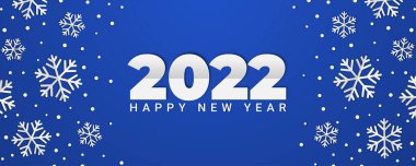2022 mutlu kar taneleri ile yeni yıl geçmişi. Mavi arkaplanda kış afişi illüstrasyonu