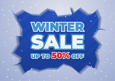 Mavi arka planda kar yağan kış pankartı şablonu. Terfi için sezonluk tatil vektör çizelgesi