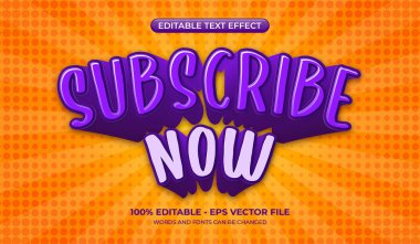 Şimdi 3 boyutlu bir metin efektiyle abone olun. Turuncu yarım ton arkaplan üzerinde düzenlenebilir metin